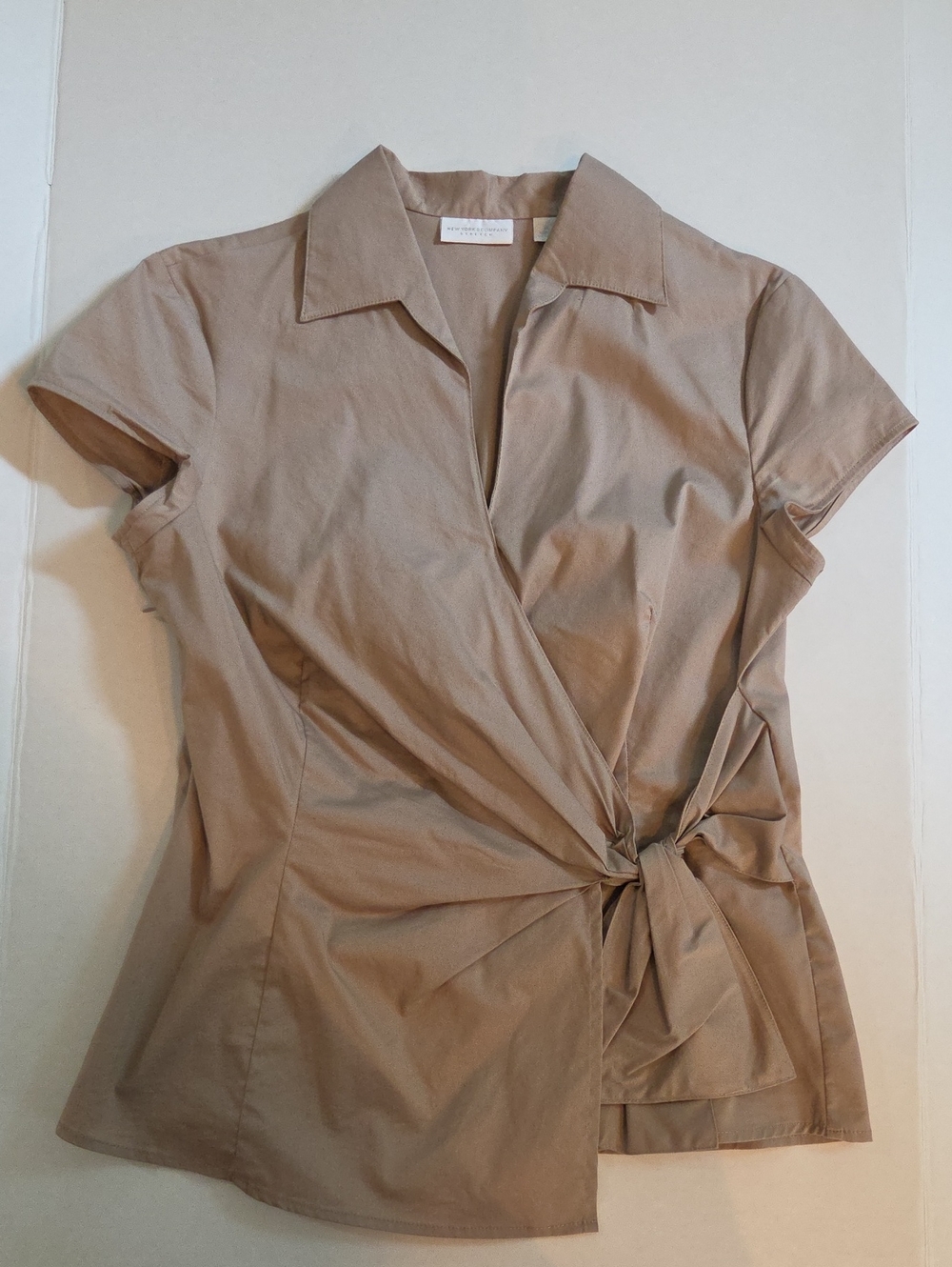 New York & Company Taupe Short-Sleeve Wrap Tie Blouse